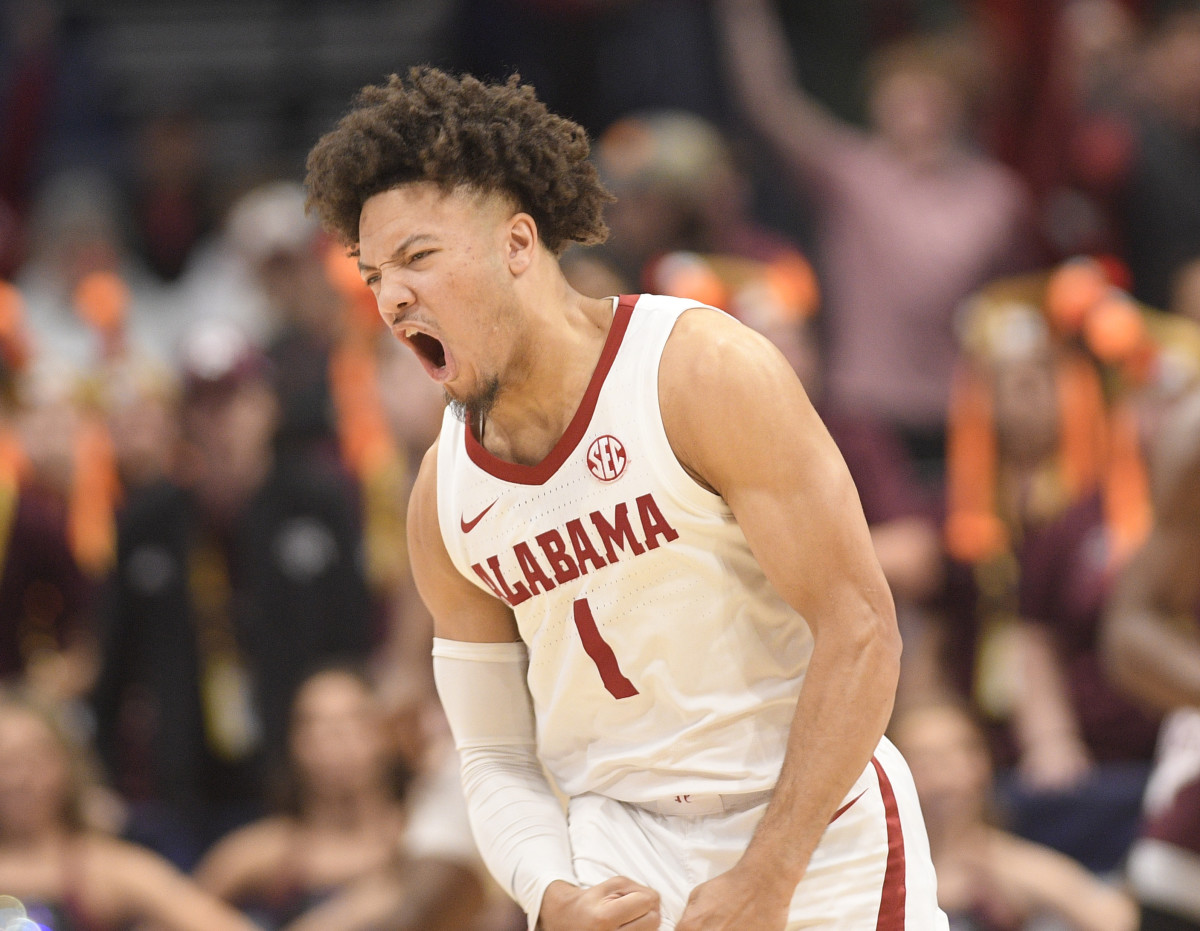Mar 12, 2023; Nashville, TN, USA; Alabama Crimson Tide guard Mark Sears (1) celebrates a made three against the Texas A&M Aggies during the first half at Bridgestone Arena. Mandatory Credit: Steve Roberts-USA TODAY Sports
